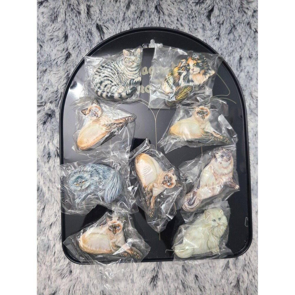 Vintage Taiwan Magnetic Memo Holder 9 Hand Painted Cat Magnets Black Tray